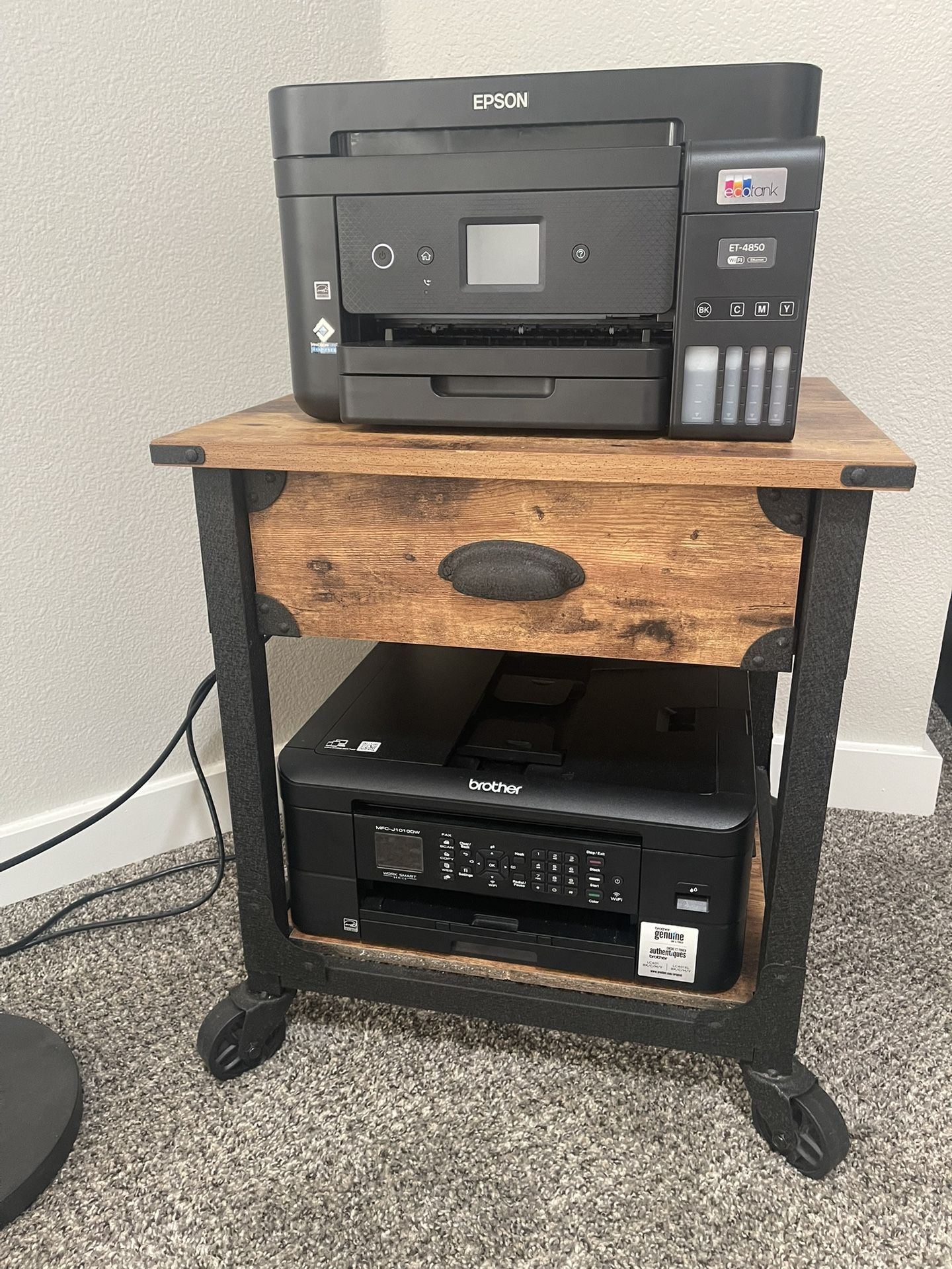 End Table Or Printer Stand Round Wood Tone Metal Black Standing Lamp, Remote For Filming Or Ambience