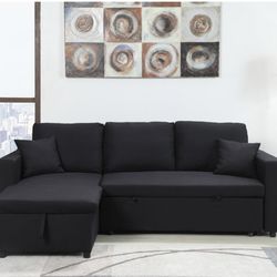 BLACK PULL OUT SECTIONAL SOFA WITH STORAGE