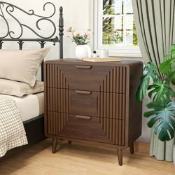 Mid-Century Nightstand, Modern End Table w Striped Pattern, Vintage Accent Furniture w Storage Drawer, Wood Small Accent Table for Bedroom, Living Roo