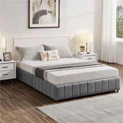 Full Size Storage Bed, Upholstered Bed with Underbed 4 Storage Drawers, No Fixed Headboard