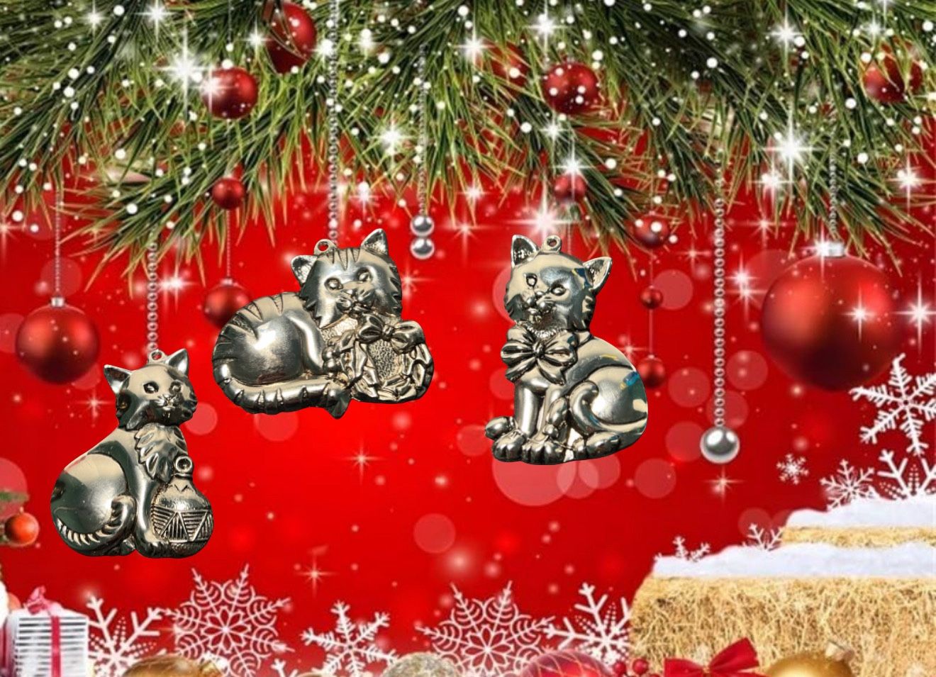 Gorham 1990s Silverplate Cat Ornament Set Of 3 With Original Box, 2.5”