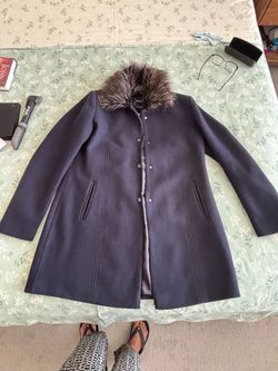 Okane 2XL Dark Navy Wool Blend Pea Coat with Faux Fur Collar⁠
