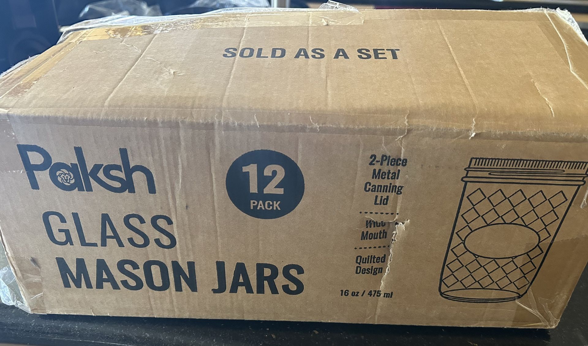 New Glass Mason Jars. Set Of 12 Quilted Design 16 Oz 