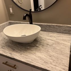 Marble Counter, Vessel Sink, Faucet And Mirror