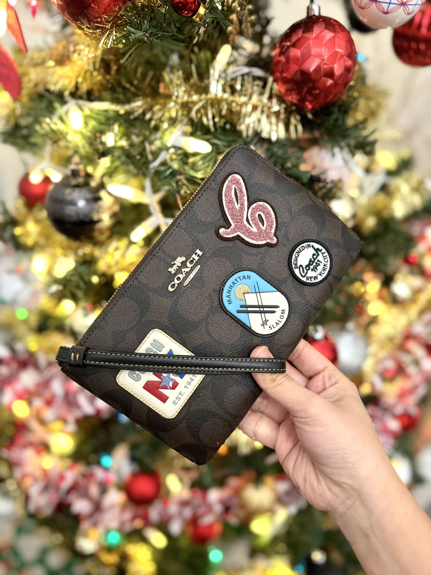 Coach Large Corner Zip Wristlet In Signature Canvas With Ski Patches