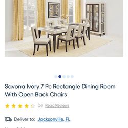 Savona Ivory Rectangle Dining Room with 4 open back chairs and Curio