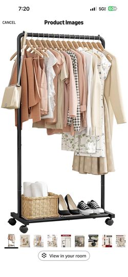 Sakugi Clothes Rack - Clothing Rack with Storage Mesh Shelf & Casters, Heavy-Duty Metal Clothing Rack for Hanging Clothes, Dresses, Coats, Large Load