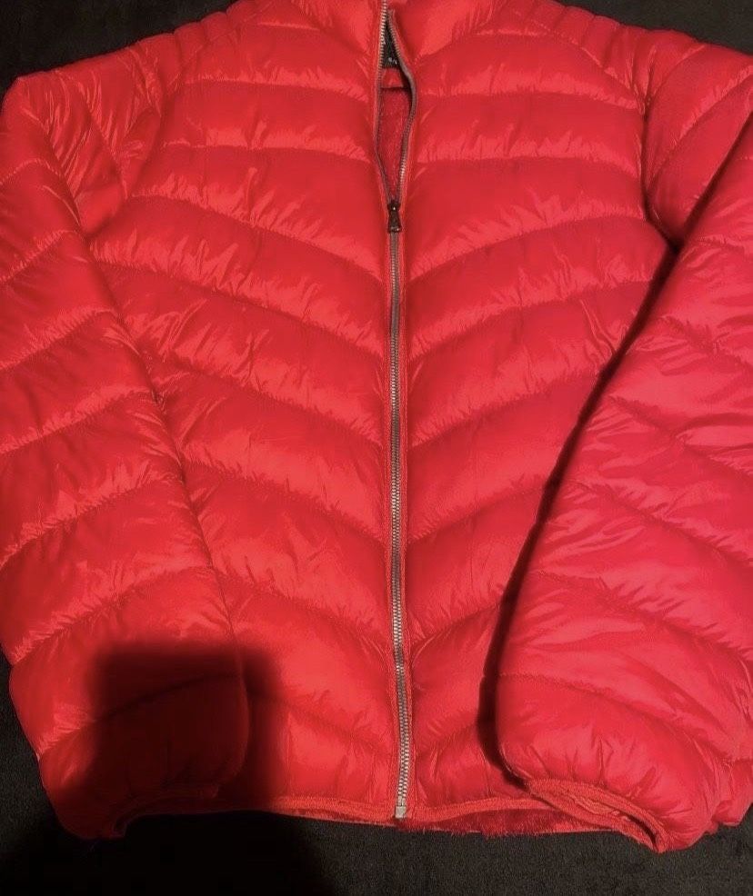 Red puffer jacket 