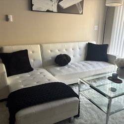 White leather L-shape sectional /folding futon 