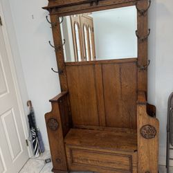 Tiger Oak Hall Tree With Mirror & Storage Seat