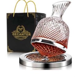 Spinning Wine Decanter, Whisky Decanter, 360°Rotating Red Wine Carafe Decanter, 50oz/1500ml, Thickened Crystal Glass Base, Gift Box Design, Gift for W