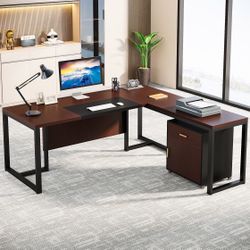 70.8" L-Shaped Desk, Large Executive Desk with Mobile File Cabinet