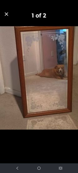 Wood Framed Wall Mirror with Etched Floral Detail