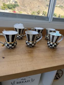 6 Makenzie Childs Checkered B&W Ceramic mugs