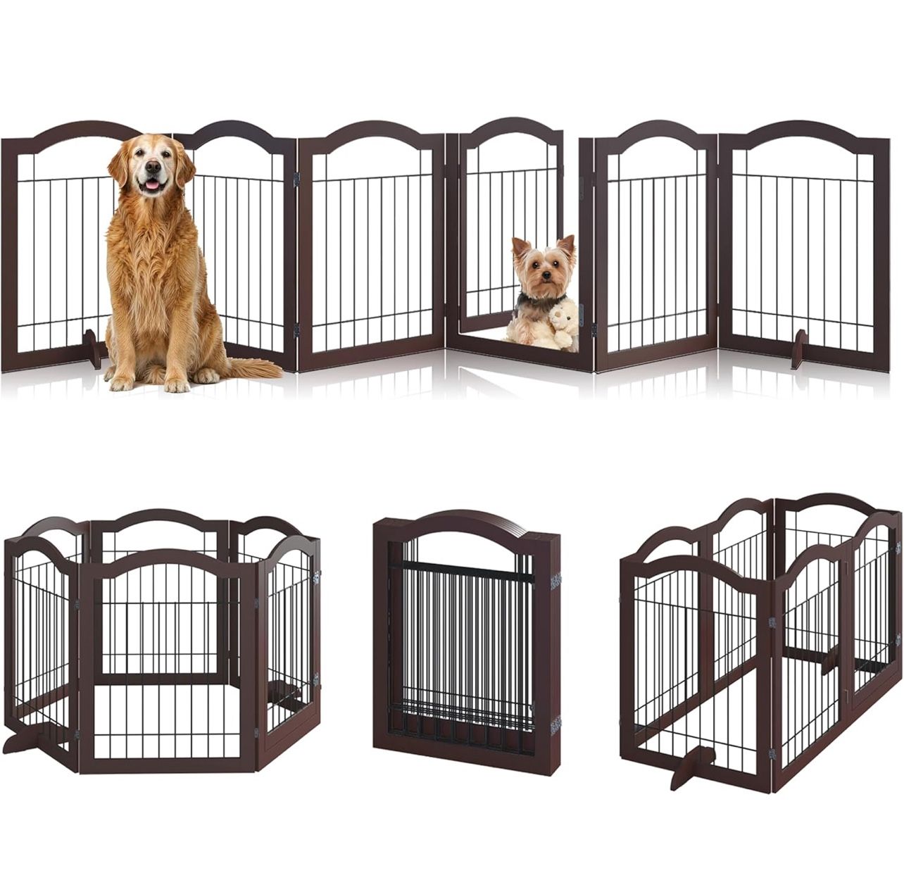 Vantas Folding No-Assembly Dog Door Pet Gate 144" Wide, 30" Tall Wooden Dog Gate, 6 Panels 