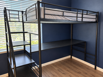Twin metal loft bed with desk and storage stairs — black