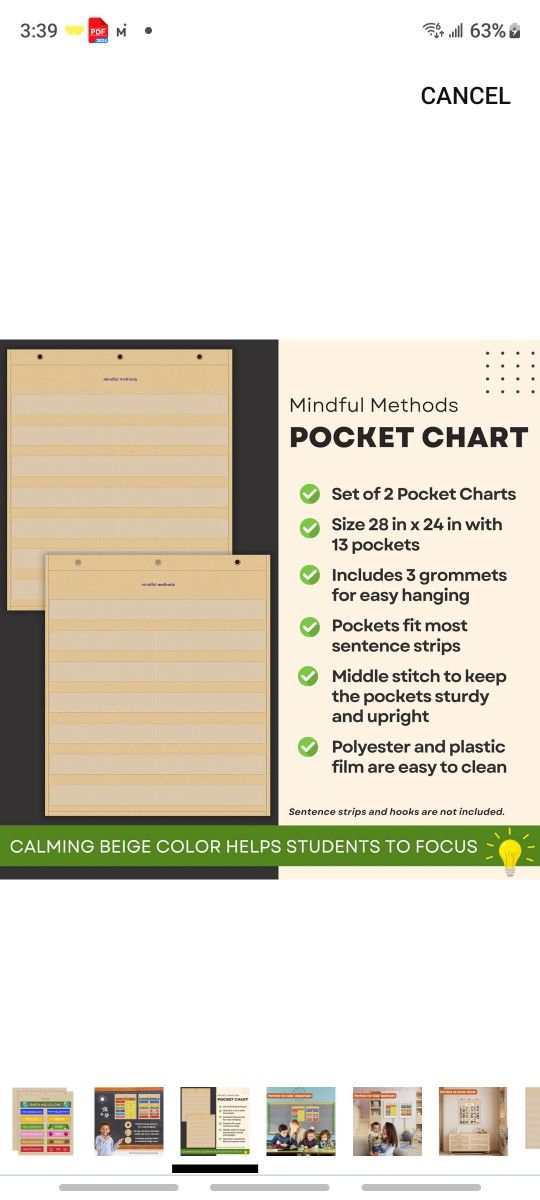 2 Pieces of Pocket Charts in Calming Beige Color Helping Students to Focus,13 Clear Pockets, 28 inches x 24 inches, Classroom Pocket Chart, Standard P