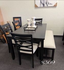 6-pc Dining table set with bench black finish