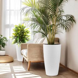 Set of 2 Faux Rattan Tall Planters Outdoor Indoor Large Planters with Water Level Monitor Inner Bucket, Automatic Watering, Flower Plant Pots for Gard