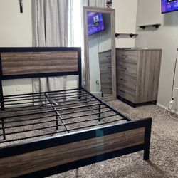 Bed, Dresser, Mirror, 4 Slat Book Shelf 