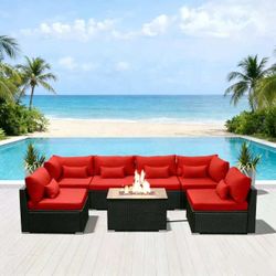 7-Piece Wicker Patio Conversation Set with Gas Fire Pit Table and Gray Cushions