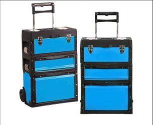 O72  Portable 3 Tiers Stackable Trolley Storage Case with Wheels for Workshop Garage, Blue