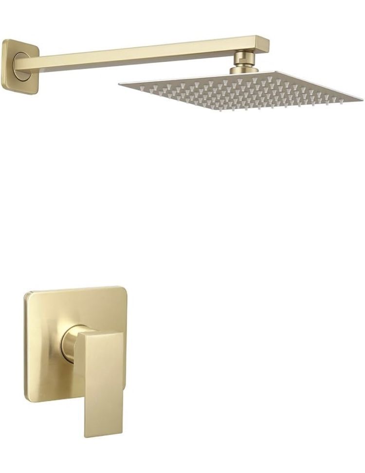 Brushed Gold Shower Faucet Set, Single Function Shower Trim Kit with Rough-in Valve, Square Rain Shower Head System Included Extra Long Shower Arm for
