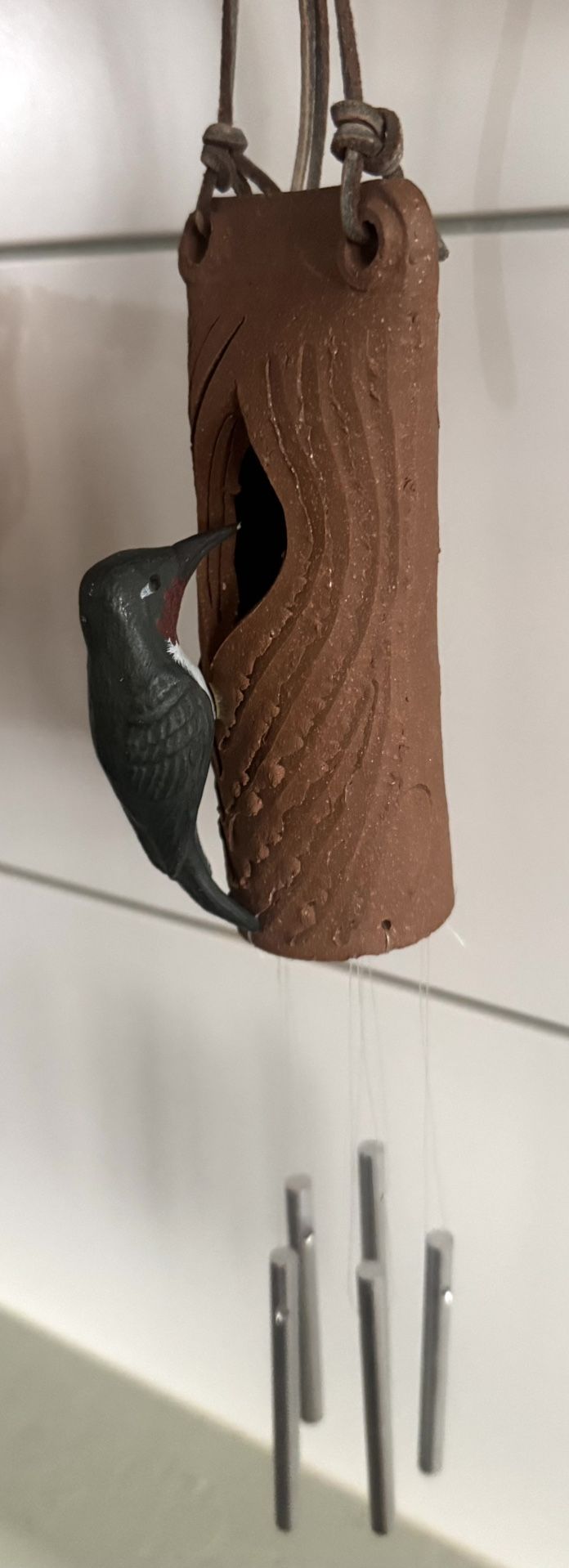 Small Vintage Handcrafted Wind Chime Woodpecker Tree Trunk Clay Pottery Leather Southwestern Decor