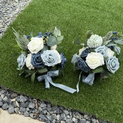 2 Bridesmaid Bouquets - Dusty Blue And White Roses