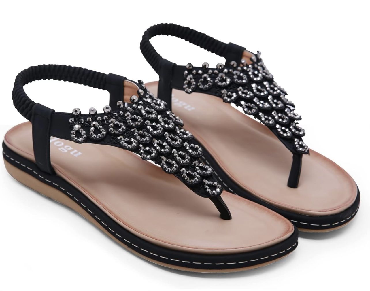 BRAND NEW IN BAG ulogu Women's Flat Sandals Dressy Summer Beach Shoes Casual Comfortable Boho Rhinestone Thong Flip-Flop w Elastic Strap size 38.  7.5
