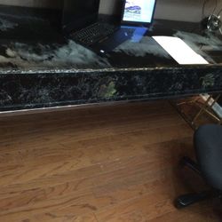 GRANITE LOOK CHROME TV STAND OR DESK..MADE W/ EPOXY. ROCK LOOK EDGES.GLOSSY BLACK W/ GRAY DESIGN72X24X32H 