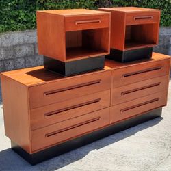 beautiful optional TEAK Norwegian BEDROOM SET of long DRESSER and matching NIGHTSTANDS And More 