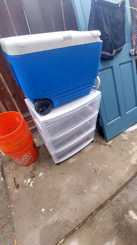 3 Plastic Drawers And Igloo Cooler