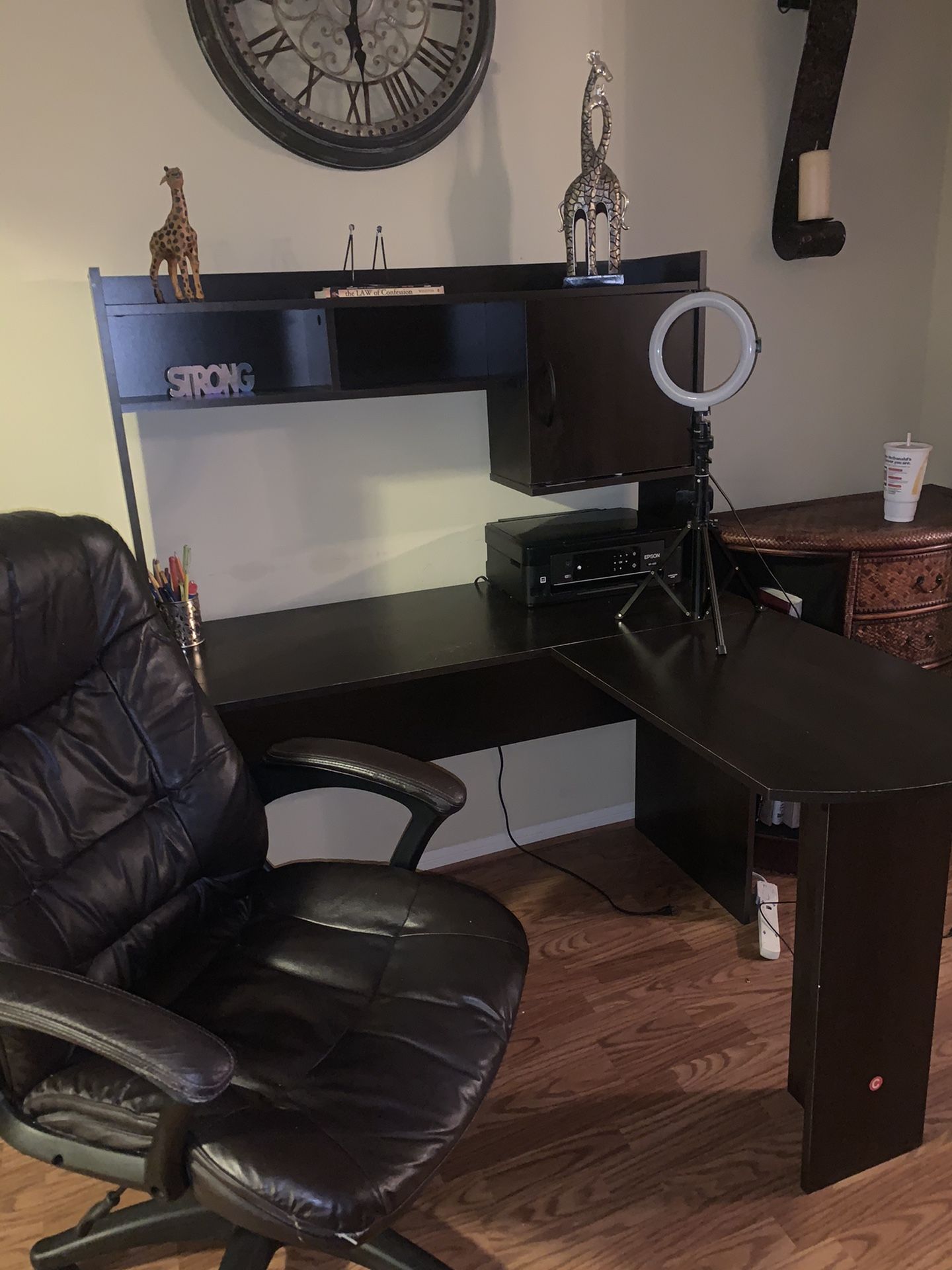 L shaped Desk and leather Oversized Chair