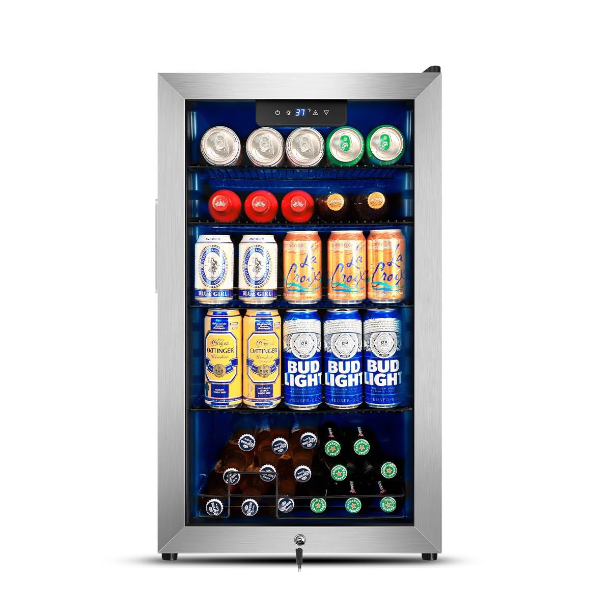 Tylza 130 Can Beverage Refrigerator Cooler, 3.22 Cu.Ft Beverage Cooler with Low-E Glass Door, Safety Lock, Beverage Fridge for Soda, Beer, Wine, Mini