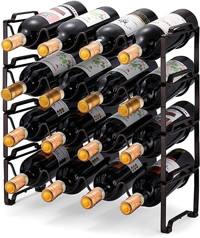 4-Tier Stackable Wine Rack, Standing Bottles Holder Organizer, Wine Storage Shelf, Towel Rack for Kitchen Pantry Cabinet, Hold 16 Bottles, Bronze