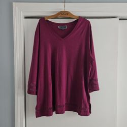 Women's Karen Scott 3/4 Sleeve V-neck Crochet insets 1X Tunic Shirt