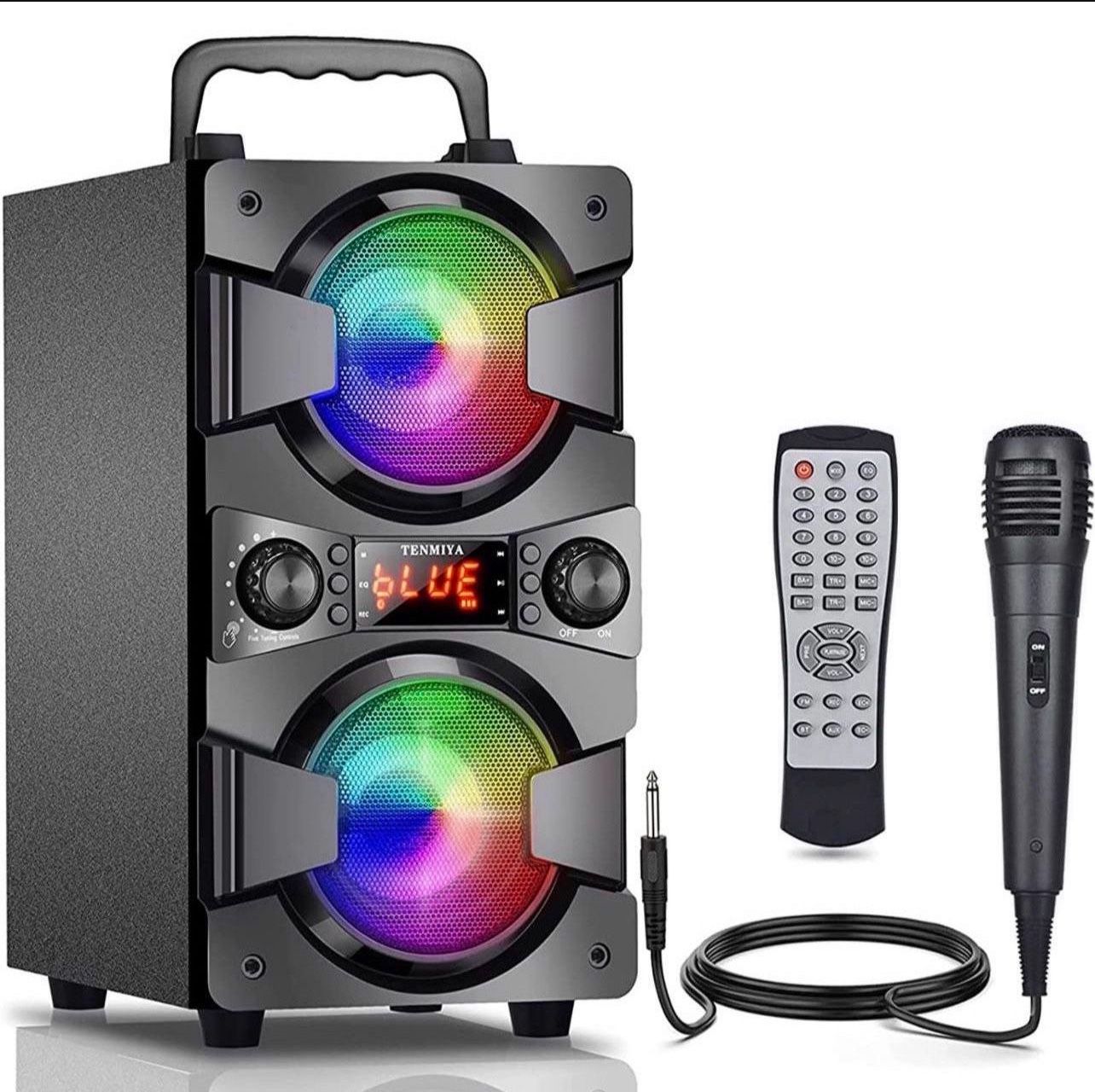 60W Bluetooth Speaker Portable Wireless Speakers with Double Subwoofer Heavy Bass, FM Radio, Microphone, Lights, Remote, EQ, Loud Stereo Sound System