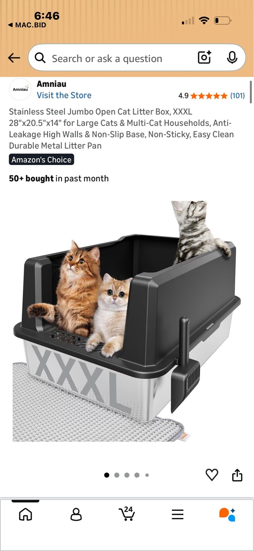 Stainless Steel Jumbo Open Cat Litter Box XXXL 28"x20.5"x14" Anti-Leak High Walls Non-Slip Base Non-Stick Easy Clean