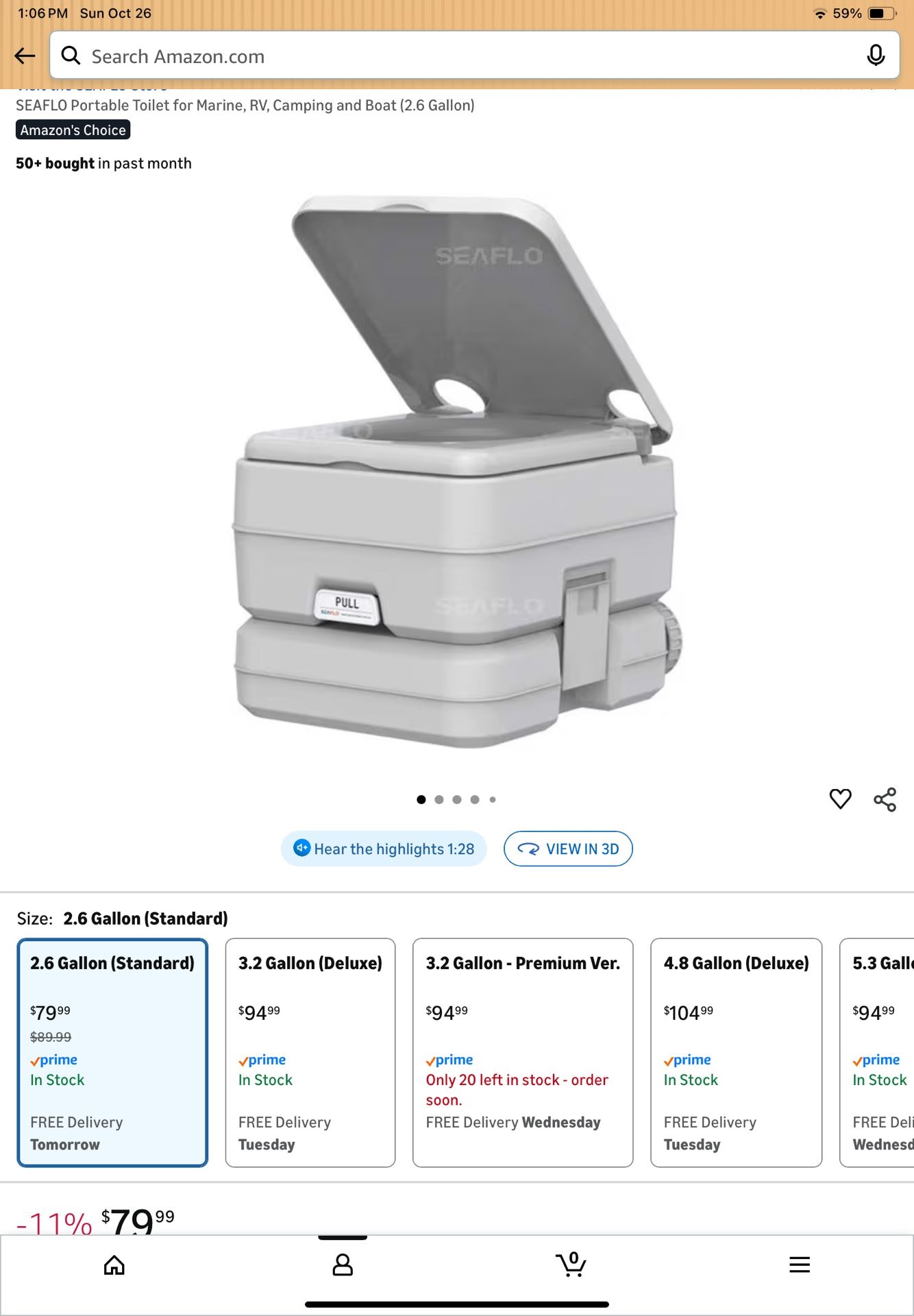 SEAFLO Portable Toilet for Marine, RV, Camping and Boat (2.6 Gallon)