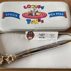Rare Looney Tunes 1994 Chrome/Gold Stylus Tasmanian Devil Pen with Original Box and Warranty/Operation Manual