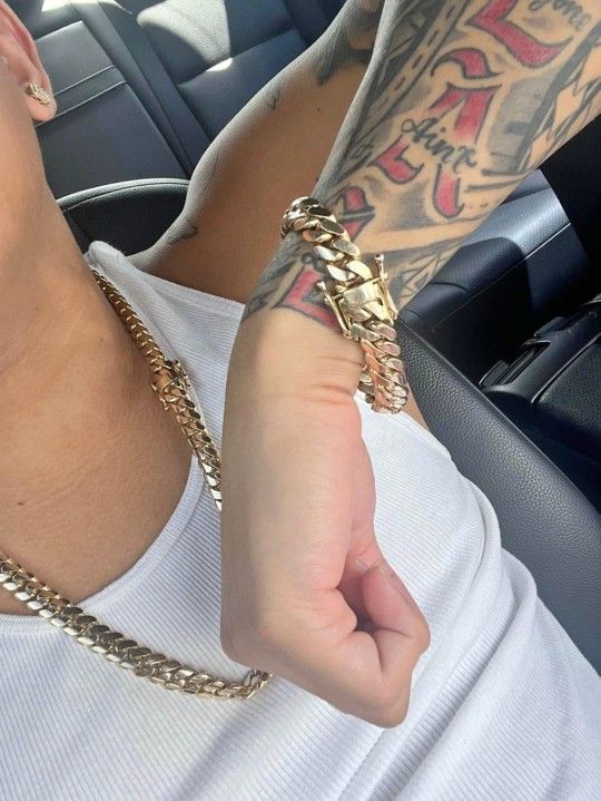 14MM Cuban Link Set 14k Gold Plated Doesn't Loses Color