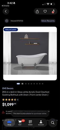 Gloss white Acrylic Oval Clawfoot Soaking Bathtub