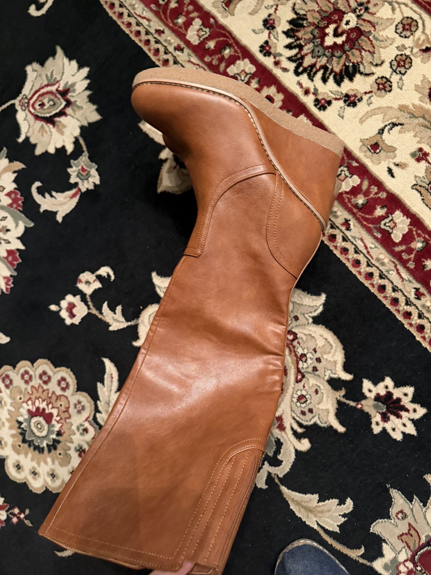 New Zodiac Iggy Wedge Heel Knee High Cognac Brown Faux Leather Boots Size 7