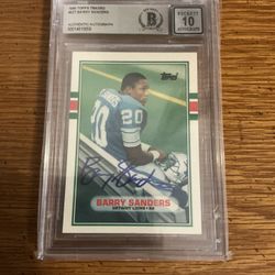 1989 Topps, Barry Sanders Signed, Rookie Card, Beckett Coa Autographed Grade Of 10