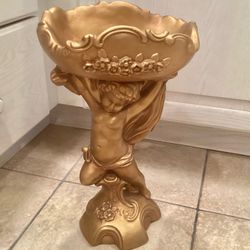 MCM Chalkware Plaster Cherub Statue 1950s Angel Planter Trinket Holder 17” Tall X Top Angel Hollywood Regency Style