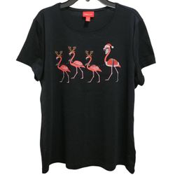 New Women's Size M Medium T Tee Shirt Top Short Sleeve Holiday Flamingo 
