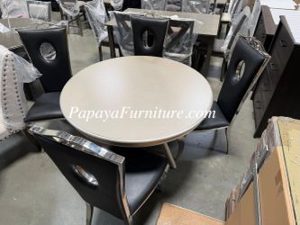 NEW 48" Round Dining Set Glam Modern Chair Mirror Finish Silver Faux Leather Small Living Room Space Saving Apartment Size Discount Ashley Style BIG S