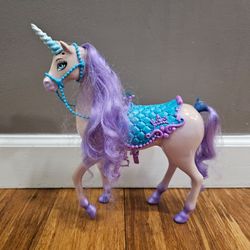 Barbie Mattel 2011 Purple Unicorn Horse Toy with Blue Glitter Saddle & Bridle *Great Bridge*