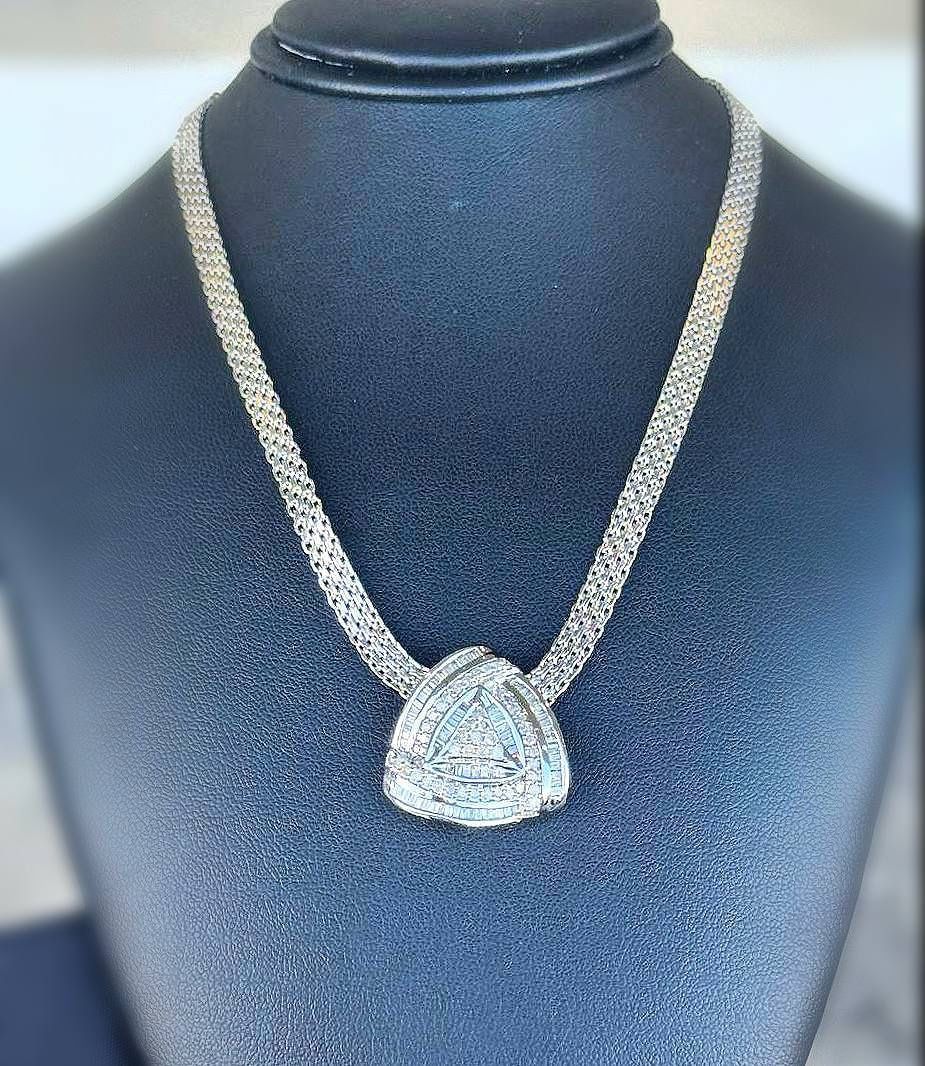 Jewelry 925 Sterling Silver 1.75CTW Natural Round & Baguette cut Diamond 17.5” Necklace Mesh Chain 4.5mm